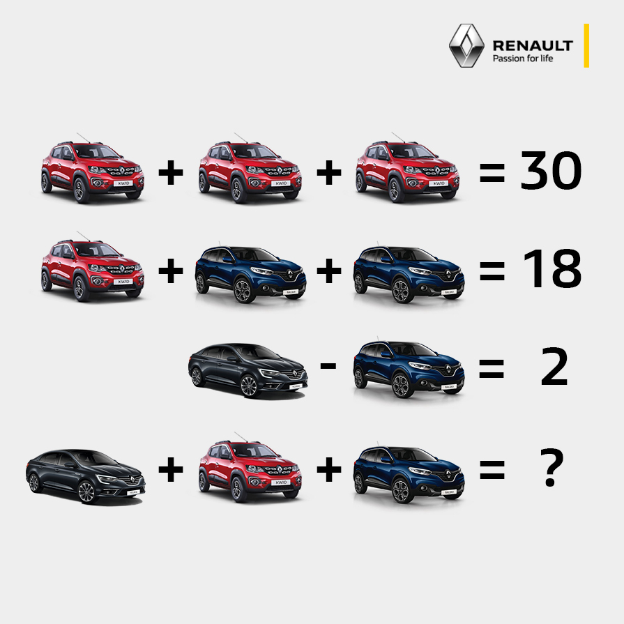 RenaultZimbabwe's tweet photo. To all our #Renault mathematicians fans... Can you guess the answer to this problem? 😍 https://t.co/O8wSKpOGfc