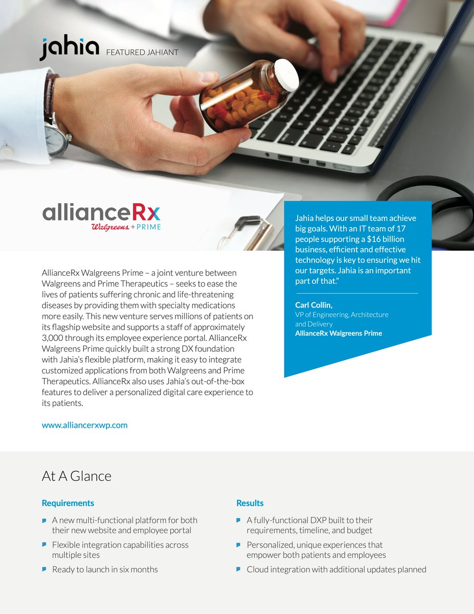 . @AllianceRxWP quickly built a strong DX foundation with Jahia’s flexible platform, making it easy to integrate customized applications from both Walgreens and Prime Therapeutics.  #MakingDigitalSimpler

Read the case study here 👉lnkd.in/dadYa2y