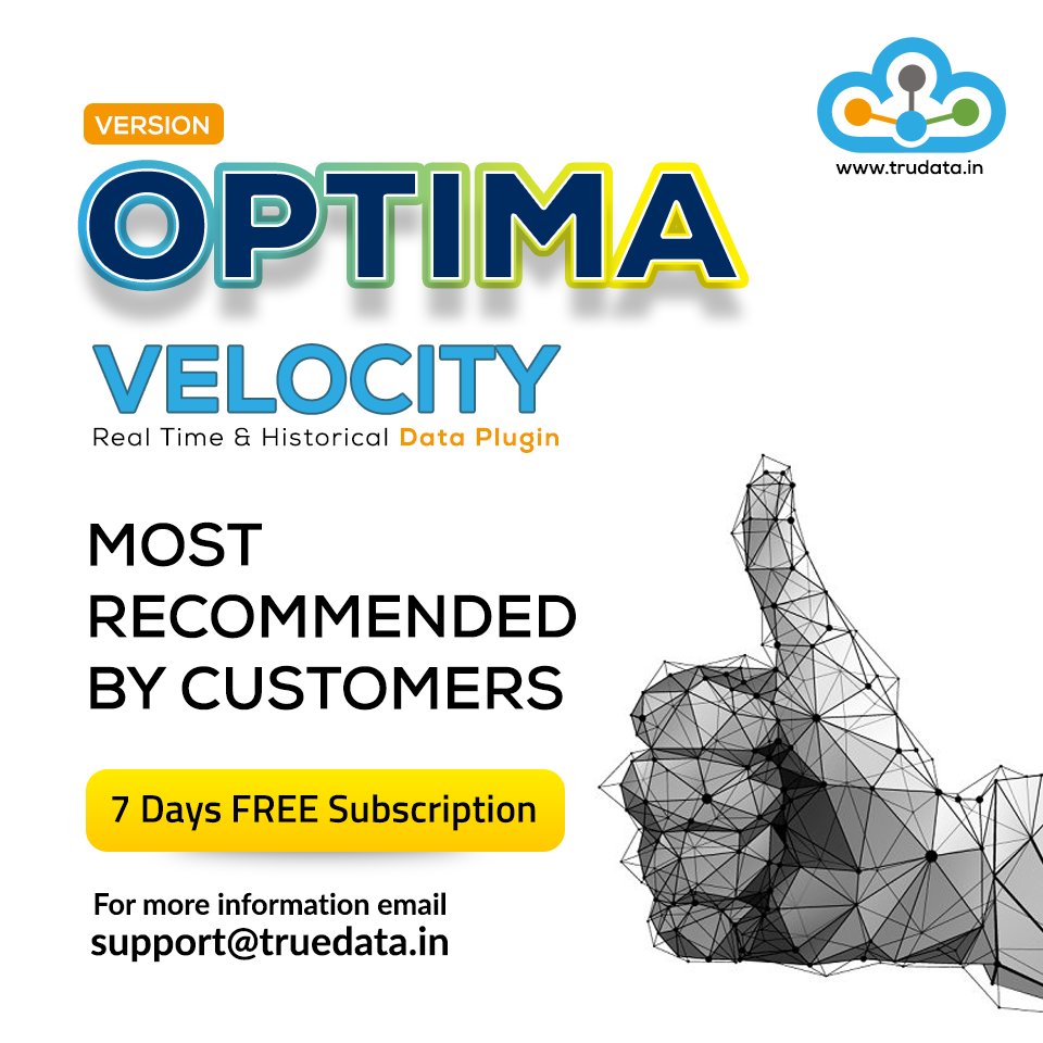 truedata1's tweet photo. Get 7 Days Free Subscription for Realtime & Historical Data Plugin TrueData™ Velocity Optima.
for more information email us support@truedata.in or visit https://t.co/URwVeB3dBL
#TrueData #VelocityOptima #RealTimeData #MarketDataPlugin #HistoricalDataPlugin #EQ #MCX #Futures https://t.co/6gnOJGxv4V