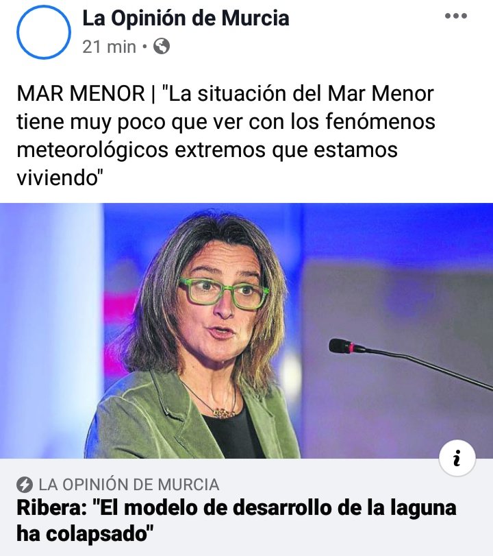 Se agradecen estas palabras de <a href="/Teresaribera/">Teresa Ribera</a> librando al cielo de las culpas en la situación actual del #MarMenor. No hay DANA, por fuerte que sea, que alcance a hacer mínimamente el destrozo que la mano del hombre ha causado en la laguna salada.<a href="/MeteoSE/">AMETSE</a> <a href="/mitecogob/">Transición Ecológica y Reto Demográfico</a> <a href="/AEMET_Murcia/">AEMET_Murcia</a>