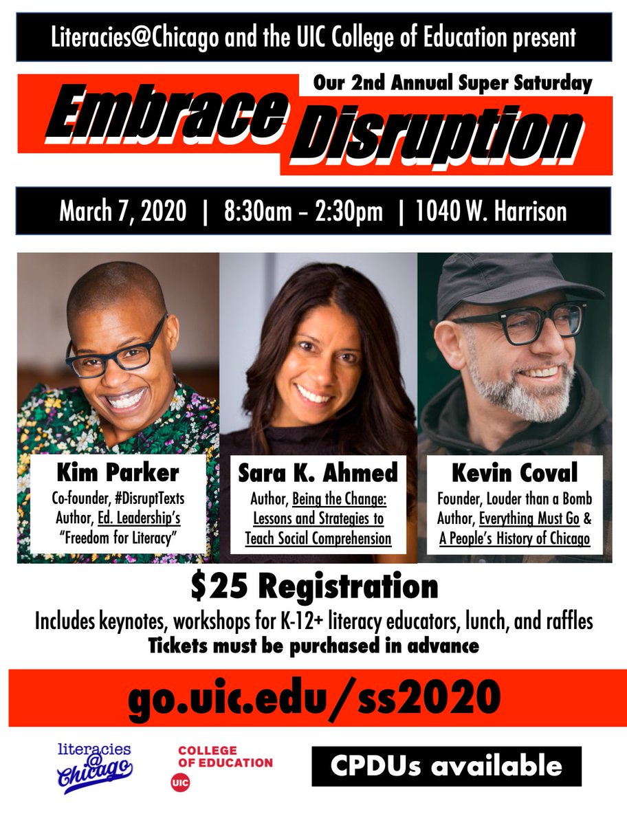Nathan C. Phillips (@nathancphillips) on Twitter photo It's almost time for <a href="/UIC_Literacies/">UIC Literacies</a> 2nd Annual #SuperSaturday featuring <a href="/TchKimPossible/">Dr. Kim Parker (she | her)</a> <a href="/SaraKAhmed/">Sara K. Ahmed ON BLUESKY</a> <a href="/kevincoval/">Kevin Coval</a>. March 7. Don't miss it!
Register at go.uic.edu/ss2020
<a href="/YoungChiAuthors/">Young Chicago Authors</a> <a href="/thisisUIC/">University of Illinois Chicago</a> <a href="/UIC_CollegeofEd/">UIC College of Education</a> #DisruptTexts It's almost time for <a href="/UIC_Literacies/">UIC Literacies</a> 2nd Annual #SuperSaturday featuring <a href="/TchKimPossible/">Dr. Kim Parker (she | her)</a> <a href="/SaraKAhmed/">Sara K. Ahmed ON BLUESKY</a> <a href="/kevincoval/">Kevin Coval</a>. March 7. Don't miss it!
Register at go.uic.edu/ss2020
<a href="/YoungChiAuthors/">Young Chicago Authors</a> <a href="/thisisUIC/">University of Illinois Chicago</a> <a href="/UIC_CollegeofEd/">UIC College of Education</a> #DisruptTexts