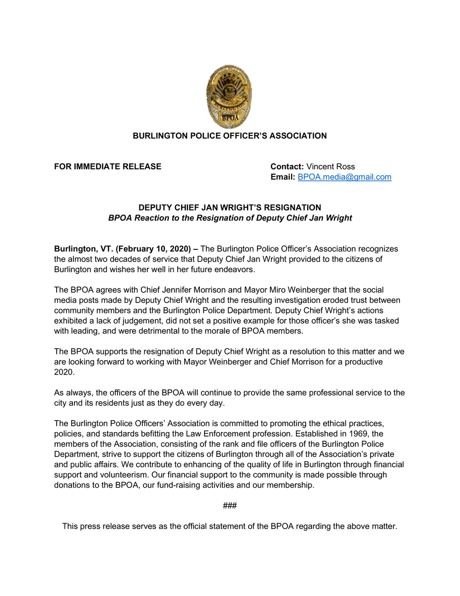 BPOAVT's tweet photo. BPOA Reaction to the Resignation of Deputy Chief Jan Wright https://t.co/KvNx7JiKXc
