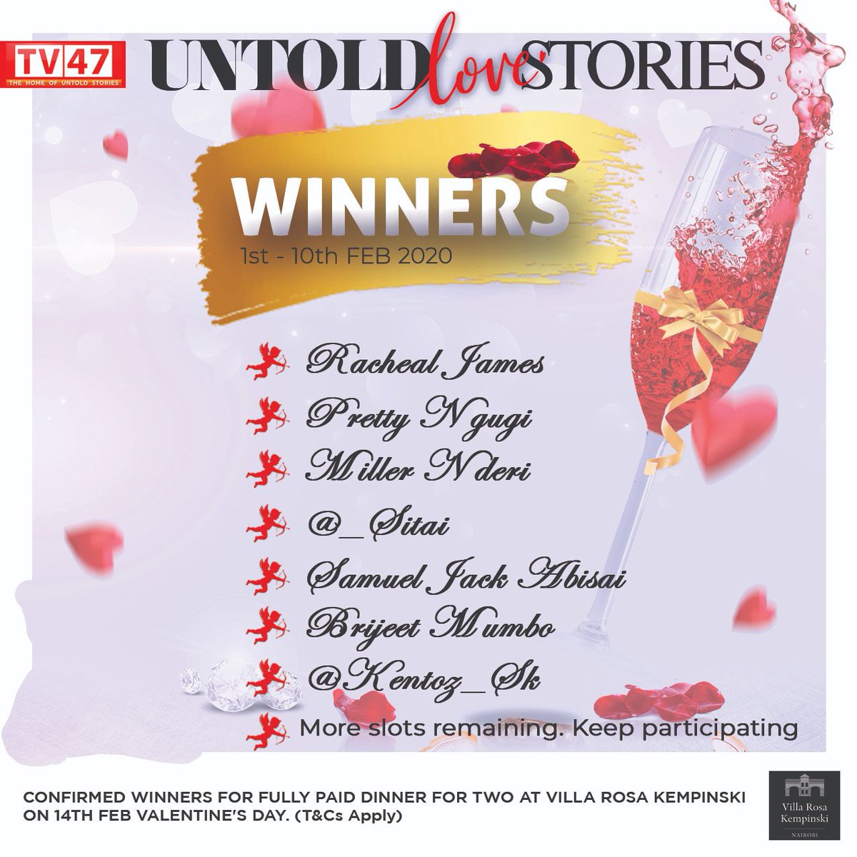 nftaIienfrens's tweet image. Congratulations! These are part of the winners of TV47's #UntoldLoveStories competition. Kindly share with us your Full names, phone number and ID no. 
We'll contact you on how to collect your voucher from TV47 offices. #TheHomeOfUntoldStories