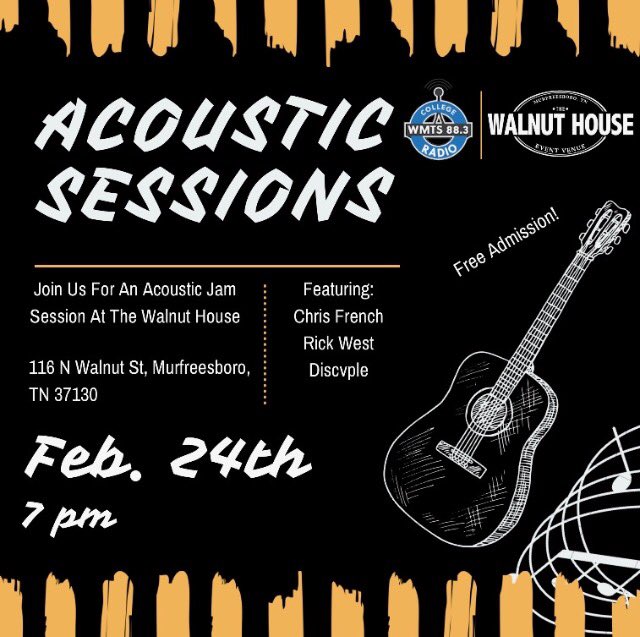 We are excited to announce the start of our WMTS Acoustic Sessions! Join us at The Walnut House in Murfreesboro for good vibes and great music! <a href="/MTSU/">Middle Tennessee State University</a> #studentradio