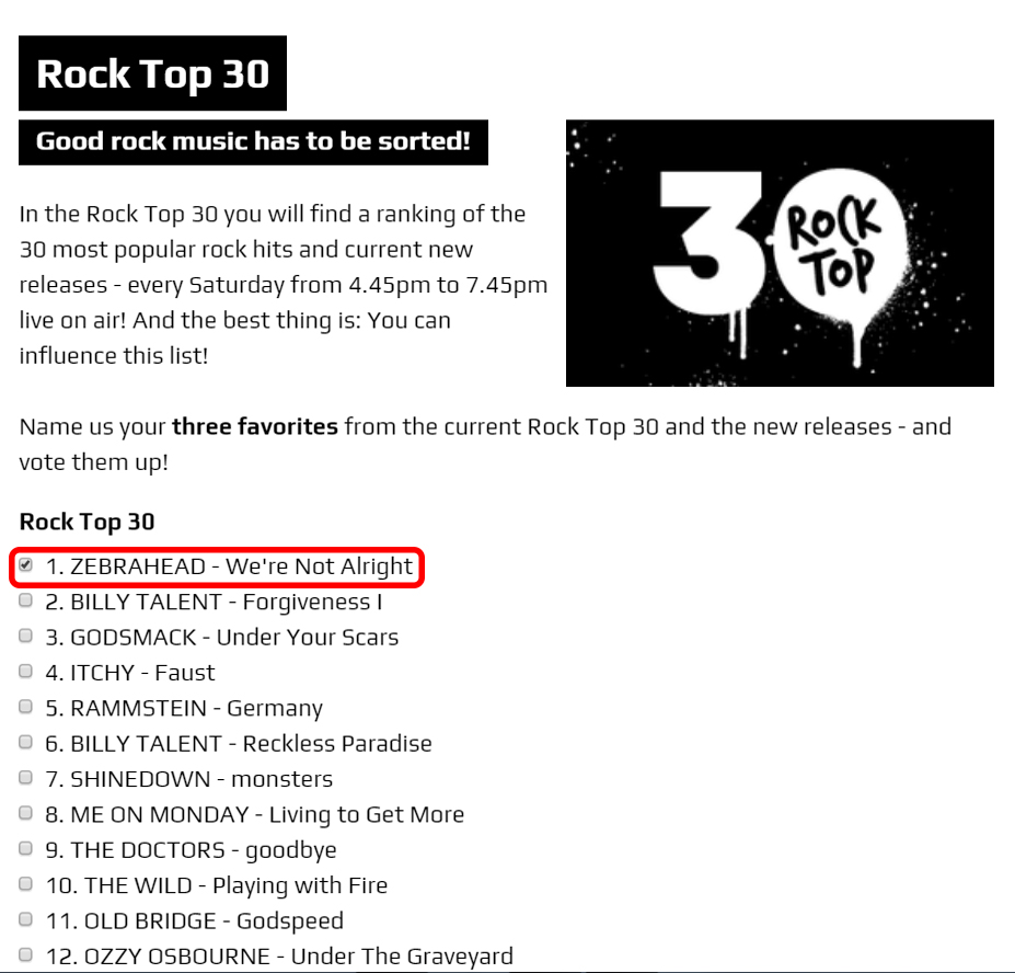 hazel_nut49's tweet photo. We're Not Alright is #1 &amp; The Perfect Crime is #20!

Keep Voting
🦓👽🛸🤘🍕🍻

https://t.co/IWe2QPBxKP

#zebrahead #mfzb #braininvaders #werenotalright #callyourfriends #vote #germany #Abstimmung #投票 #sex #rocknroll #pizza #beer #party #punkrock #berlin #theperfectcrime #aliens https://t.co/In01IjigHf