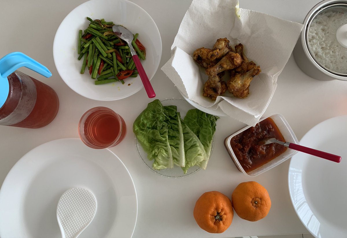 8/2/2020: Nasi + ayam goreng + sayur asparagus goreng + salad + sambal tumis + limau mandarin + air blackcurrant for lunch 