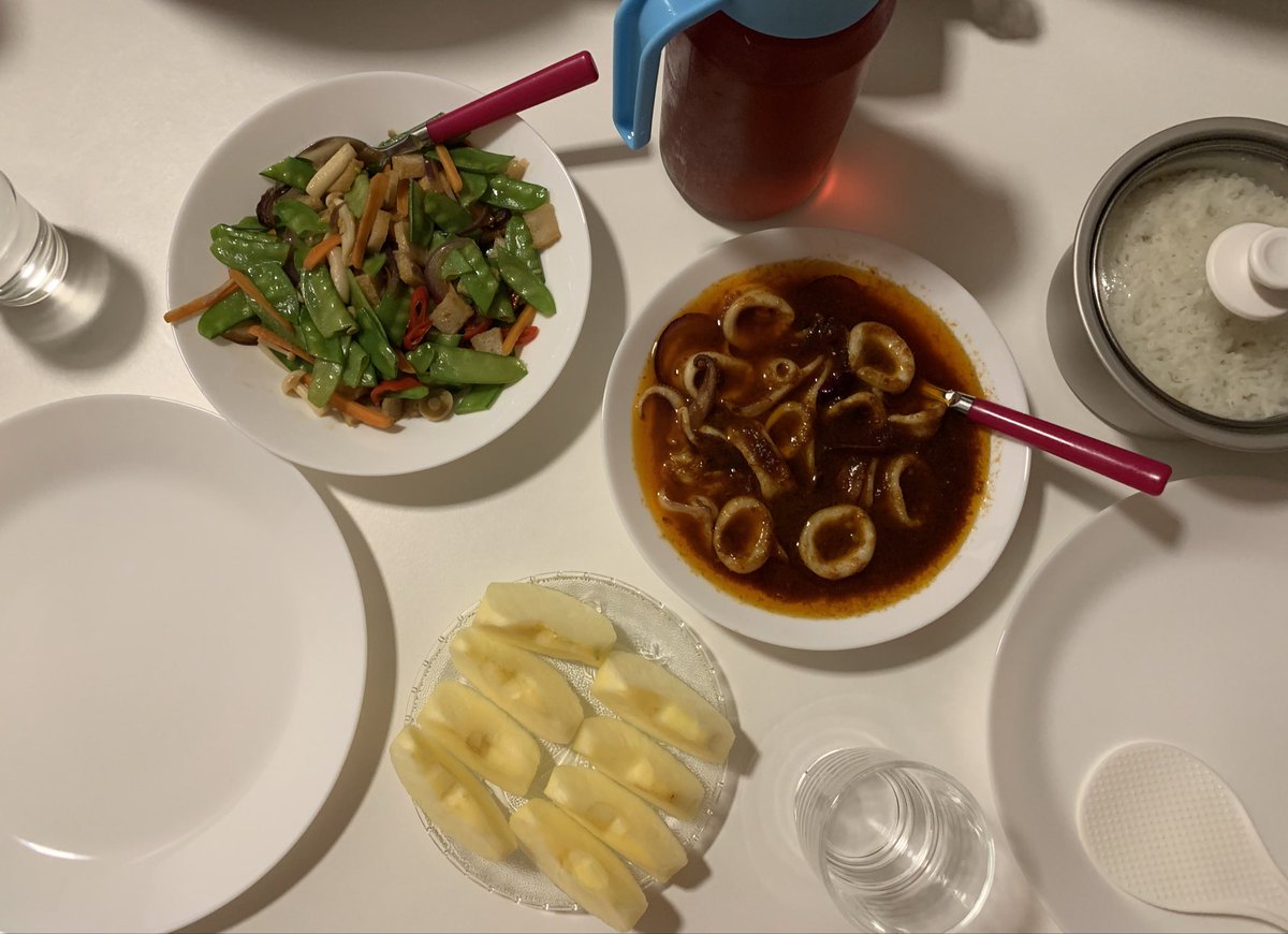 10/2/2020: Nasi + sambal sotong + kacang pea goreng + buah epal + air blackcurrant for dinner 
