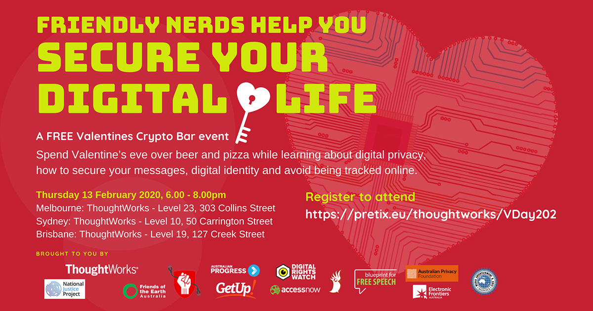 secure your digital everything with a bunch of friendlynerds.org this thurs at melb, syd and bris <a href="/thoughtworks/">Thoughtworks</a>  - 
<a href="/nickyringland/">@nicky@tech.lgbt</a> and @FCTweedie will be in syd talking about the fun and not so fun aspects of love and the internet