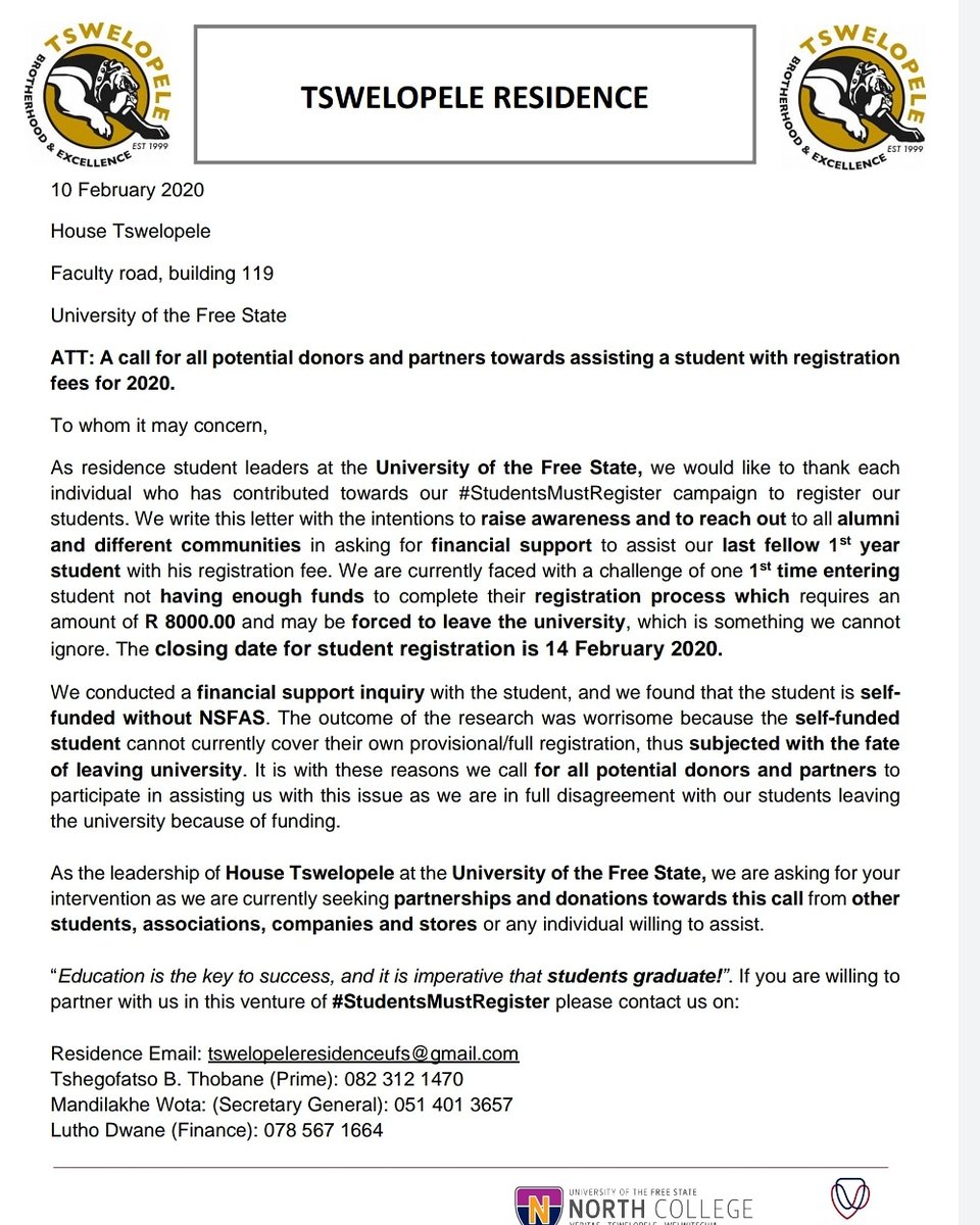 Tswelos_UFS's tweet photo. A call once again for help towards our #StudentsMustRegister campaign, a brother a need, a helping hand at place.
#Brotherhood&Excellence
#LiveLearnGrow🌱 https://t.co/aIs2jspl2R