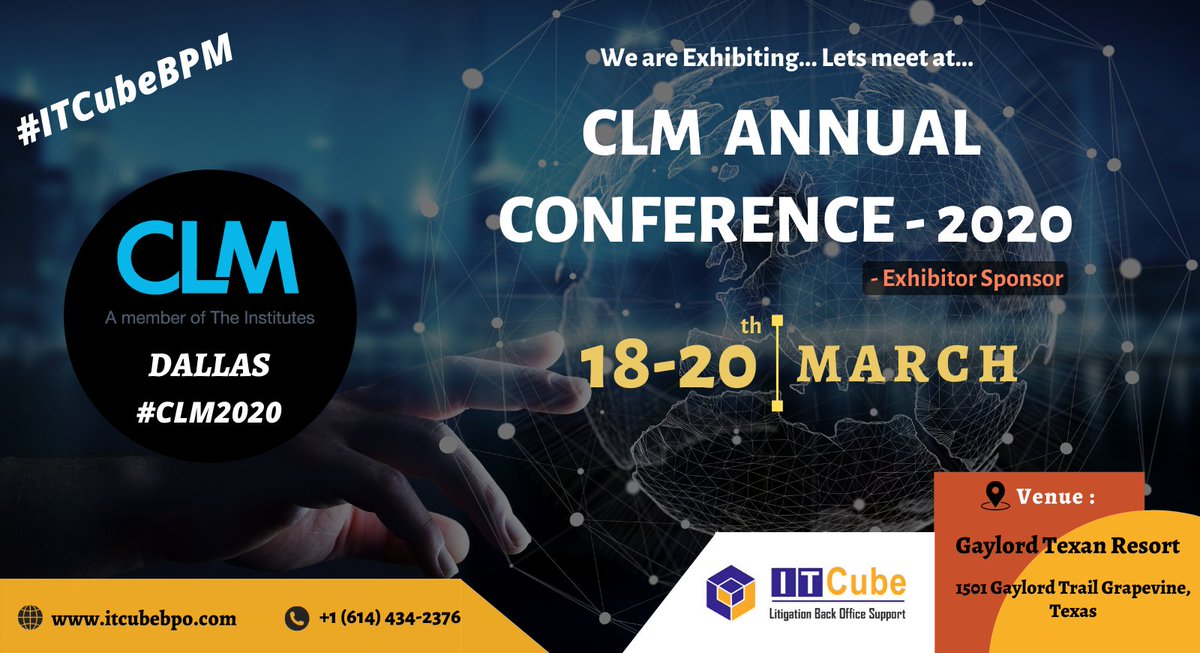 itcubebpo's tweet image. #ITCubeBPM a leading Business Process Management Company participating in #CLM2020 in Dallas - Texas. 

To Know more- bit.ly/CLM_2020 

#claims #litigation  #legal  #attorneys #lawyers #medicalrecords #backoffice