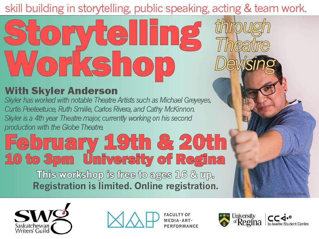 skyman2187's tweet photo. I am looking for anyone interested in attending a FREE indigenous theatre/storytelling workshop! Lunch will be provided but space is limited. Please forward to anyone that you think may be interested! You can register online at: https://t.co/cbzE9OAGFZ https://t.co/LZrmgFnIUi