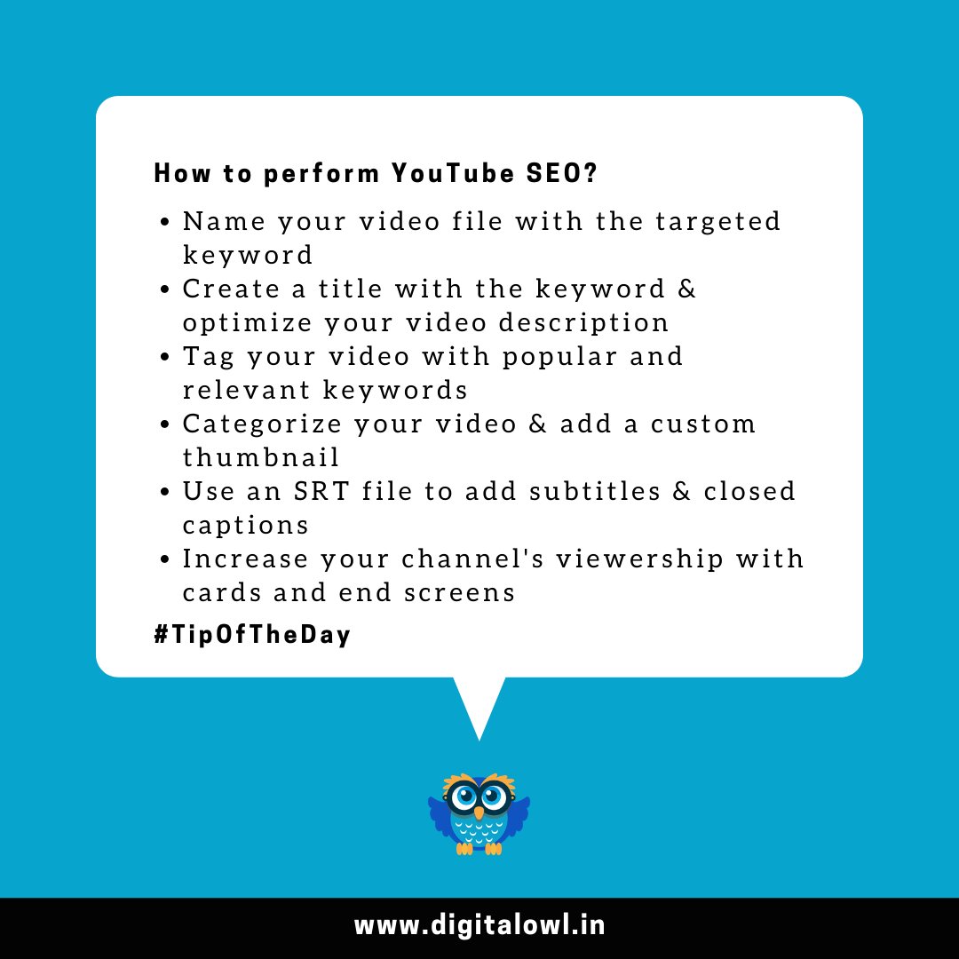 YouTube is one of the biggest search engines. Here’s how you can rank high on it!

#DigitalOwl #TheWiseChoice #TipOfTheDay #YouTubeFacts #YouTubeSEO #IncreaseSubscribers  #DigitalMarketingAgency #DigitalMarketingCompanyInIndia #DigitalMarketingConsultant