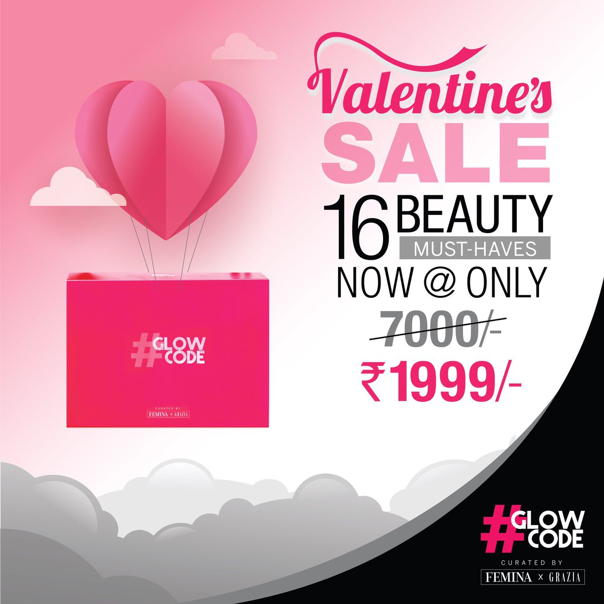 GraziaIndia's tweet image. Attention all make-up lovers! This Valentine’s Day, we’re giving away our very own #GlowCode box worth ₹7,000/- for ₹1,999/- 🎊16 products are waiting for you at femina.in/glowcode ✨💕
