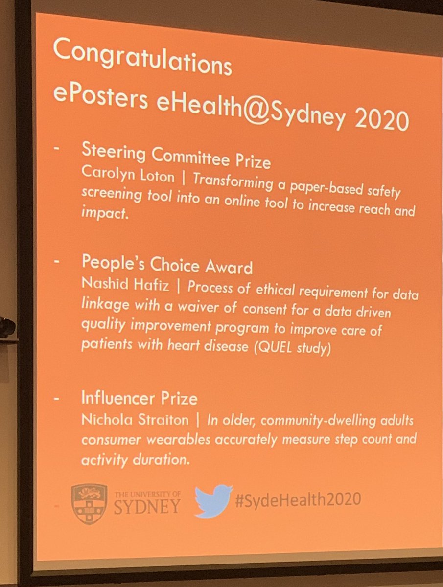 RobynDGallagher's tweet photo. Well done @jessicajorchard and @NicStraiton for winning research prizes at #SydeHealth2020 @lisneubeck @DionCandelaria_ https://t.co/Sd6376glhb