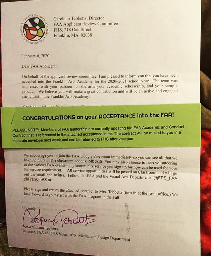I am so excited, Michelle just got an acceptance letter for the Franklin Arts Academy program at Franklin High School for next year. This is my second child to make it into the FAA Program🙂 I’m a very happy mom &amp; dad💞
