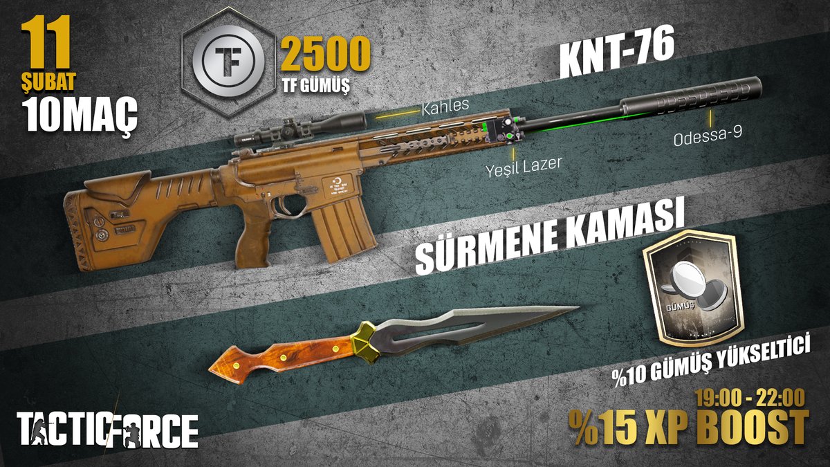 tacticforcegame's tweet photo. Bugün herhangi bir haritada 10 maç atan herkes Full KNT-76, Sürmene Kaması ve %10 Gümüş Yükseltici ekstrasını kazanıyor! Üstelik 19:00 - 22:00 Saatleri arasında %15 XP Boost etkinliği de sizi bekliyor! 

Tactic Force: Ücretsiz Oyna, Bileğinle Kazan!

#TacticForce #MMOFPS #Oyun https://t.co/GpjAusjpmG
