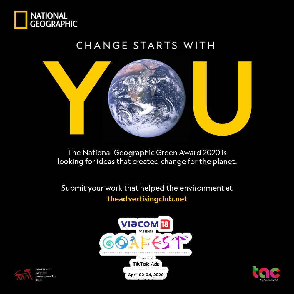 If your idea changed the world, it’s time for us to change yours. Submit your work that helped the environment on theadvertisingclub.net for The National Geographic Award.
#Goafest2020 #GoGoafest #Goa #Advertising #Networking #GreenAdvertising #NatgeoIndia