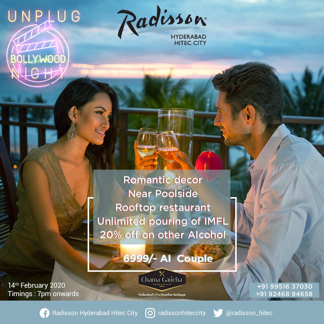 radisson_hitec's tweet photo. Get Ready for the most exciting #Friday on 14th Feb 2020 Valentine's Day Special Gaucha #Candlelight #Dinner #promotion @radisson_hitec offers Unplug Bollywood Night, Rooftop Restaurant, Romantic decore, Near Poolside, Unlimited pouring of IMFL, 20% off on other Alcohol. https://t.co/mjDxmAs1nb