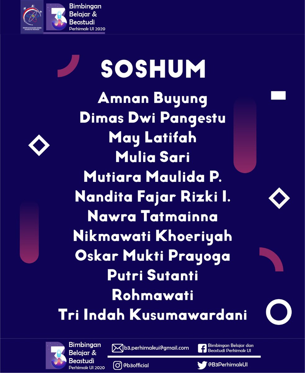 B3PerhimakUI's tweet photo. [ SELAMAT BERJUANG ]

Salam Pejuang Muda!
Selamat!
Berikut nama-nama yang diterima sebagai peserta B3 Perhimak UI 2020.

Tetap semangat bagi yang belum diterima dan jangan putus asa. https://t.co/poivLjQYpq