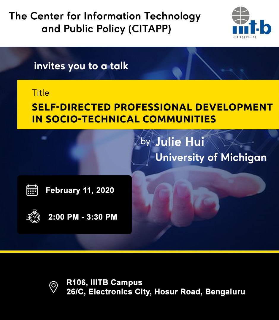 IIITB_official's tweet photo. “Self-directed professional development in socio-technical communities”
by
Julie Hui
University of Michigan
For more details: https://t.co/haHpTXbuVq
#IIITB #IIITB10100 #IIITBangalore #IIITBTalks #CITAAP #ProfessionalDevelopment #SocioTechnical #Communities https://t.co/UrjTQwNWVU