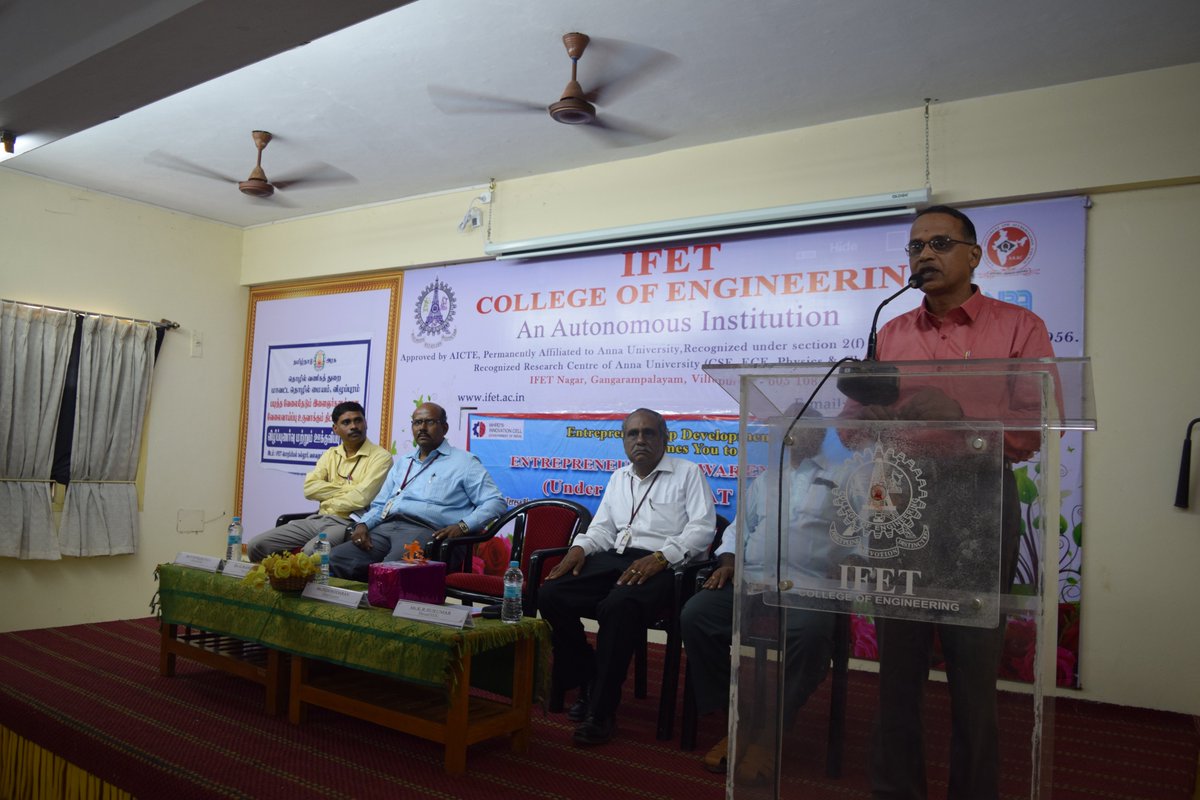 IFET_CE's tweet photo. To create awareness about various facets of entrepreneurship as an alternative career option, Entrepreneurship Development Cell organized 3 Days “Entrepreneurship Awareness Camp” for students of Engineering. The Chief Guest was Mr.P.Damodaran, General Manager, DIC, Villipuram https://t.co/WRPAhs4yFJ