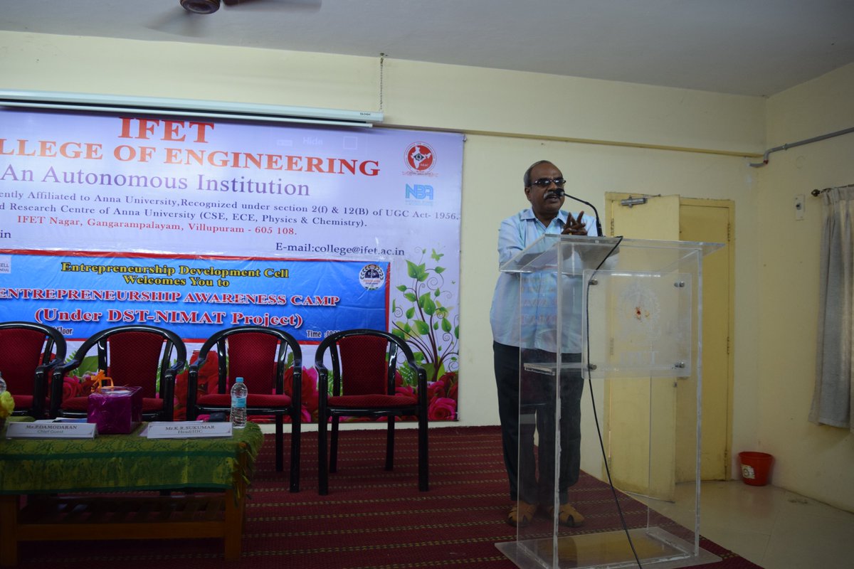 IFET_CE's tweet photo. To create awareness about various facets of entrepreneurship as an alternative career option, Entrepreneurship Development Cell organized 3 Days “Entrepreneurship Awareness Camp” for students of Engineering. The Chief Guest was Mr.P.Damodaran, General Manager, DIC, Villipuram https://t.co/WRPAhs4yFJ