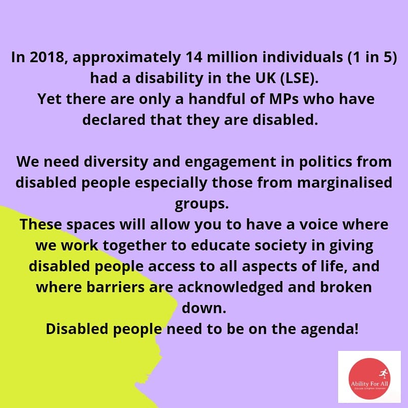 Ability_For_All's tweet image. It is especially important for disabled individuals to take part in these conversations because &quot;if you don&apos;t have a seat at the table, bring your own chair&quot;.👏🏼 #abilityforall #BAMEwomeninpolitics #makeachange #representationmatters #disabilityinpolitics #BrumHour 4/4