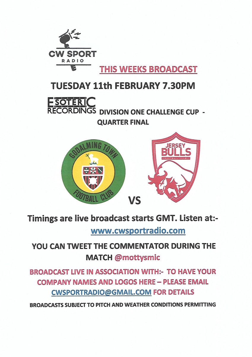 PLS RT MATCHDAY hope to see good crowd for
<a href="/jersey_bulls/">New Jersey Red Bulls</a> at <a href="/GodalmingTown/">Godalming Town FC</a> IYCMI you can listen in from 7.30pm <a href="/JerseyFA/">Jersey Football Association 🇯🇪</a> <a href="/ParishesOfJsyFC/">Parishes of Jersey FC</a> <a href="/tonycvrr/">Tony Curr</a> <a href="/BBCJerseySport/">BBC Jersey Sport</a> <a href="/BBCJersey/">BBC Jersey</a> @SportscastJers
<a href="/JerseySport/">Jersey Sport</a> <a href="/ITVChannelSport/">ITV Channel Sport</a> <a href="/Channel103/">Channel 103</a>
<a href="/islandfm/">Island FM</a> <a href="/JEPnews/">jepnews</a> <a href="/jerseysportTV/">Jersey Sport TV</a> <a href="/ITVChannelTV/">ITV Channel News</a>