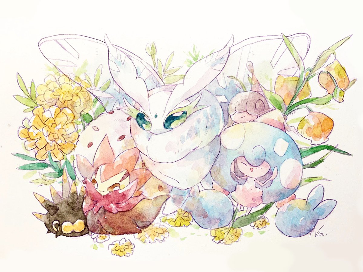 pokemon (creature) no humans flower green eyes closed eyes yellow flower white background  illustration images