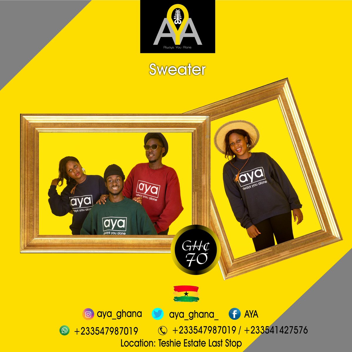 visionary_cosby's tweet photo. *AYA_Always You Alone*
First batch of merchandise have arrived.
Order for yours now!!!
@aya_ghana_
*IN STOCK*
_T-Shirts
_Oversized T-Shirt Dress(Unisex)
_Sweater
Contact: +233547987019
+233541427576
#AYA
#SuccessYear2020
#TeamCosbyMultimedia
#ToTheWorld๐ฌ๐ญ๐๐ซ๐ฅ https://t.co/jY22g2OoeO