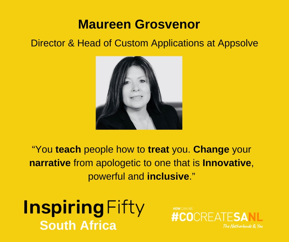#InspiringFiftySA 2018 winner <a href="/maureengrosven2/">maureen.grosvenor</a> .

<a href="/appsolve_sa/">APPSolve</a> 
<a href="/ellenfischat/">Ellen Fischat</a> 
<a href="/cocreateSANL/">cocreateSANL🇳🇱🇿🇦</a> 
#InternationalDayofWomenandGirlsinScience