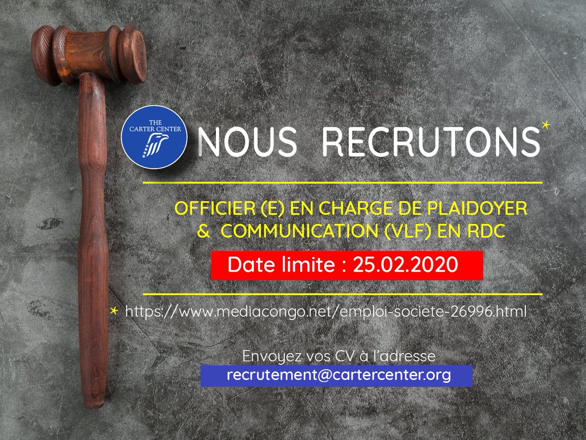 VlfCongo's tweet photo. @VlfCongo #recrutement Le @CarterCenter cherche pour son bureau en RDC, une personne qualifiée, motivée et dynamique ayant une vaste expertise en matière de droits des femmes et une expérience de travail avec les organisations de la société civile en RDC. https://t.co/yPIZDmiN84 https://t.co/QWUsP4fnnb