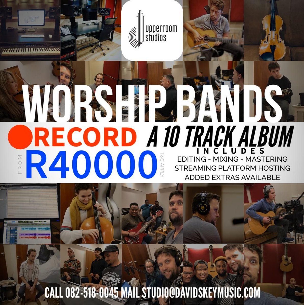 Frnx's tweet photo. WORSHIP BANDS! This is a deal for you! The world needs to sing your songs! Come record it at Upperroom Studios! 10 Songs for R40000! Only a few slots available. 
Call us at 082 518 0045 or email at studio@davidskeymusic.com. T&amp;Cs apply https://t.co/xzmkSdDeG5