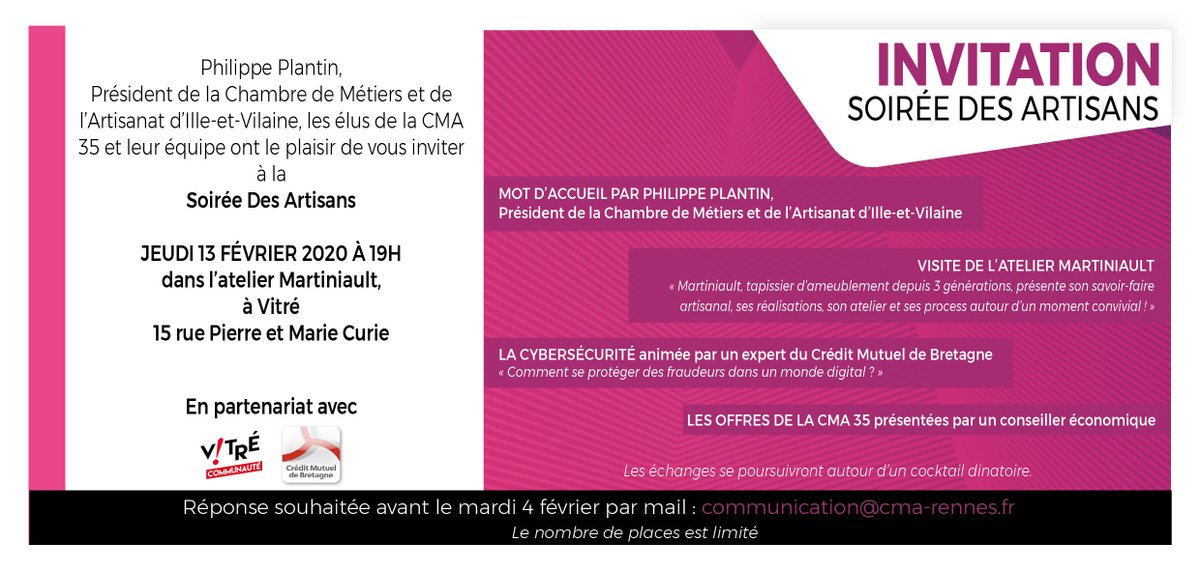 J-2 avant la soirée des artisans ! 
Le Crédit Mutuel de Bretagne est partenaire de la soirée des artisans et apportera son expertise sur la cybersécurité ! 
👉 Au programme : visite de l'Atelier Martiniault et cocktail dînatoire sont au rendez-vous !