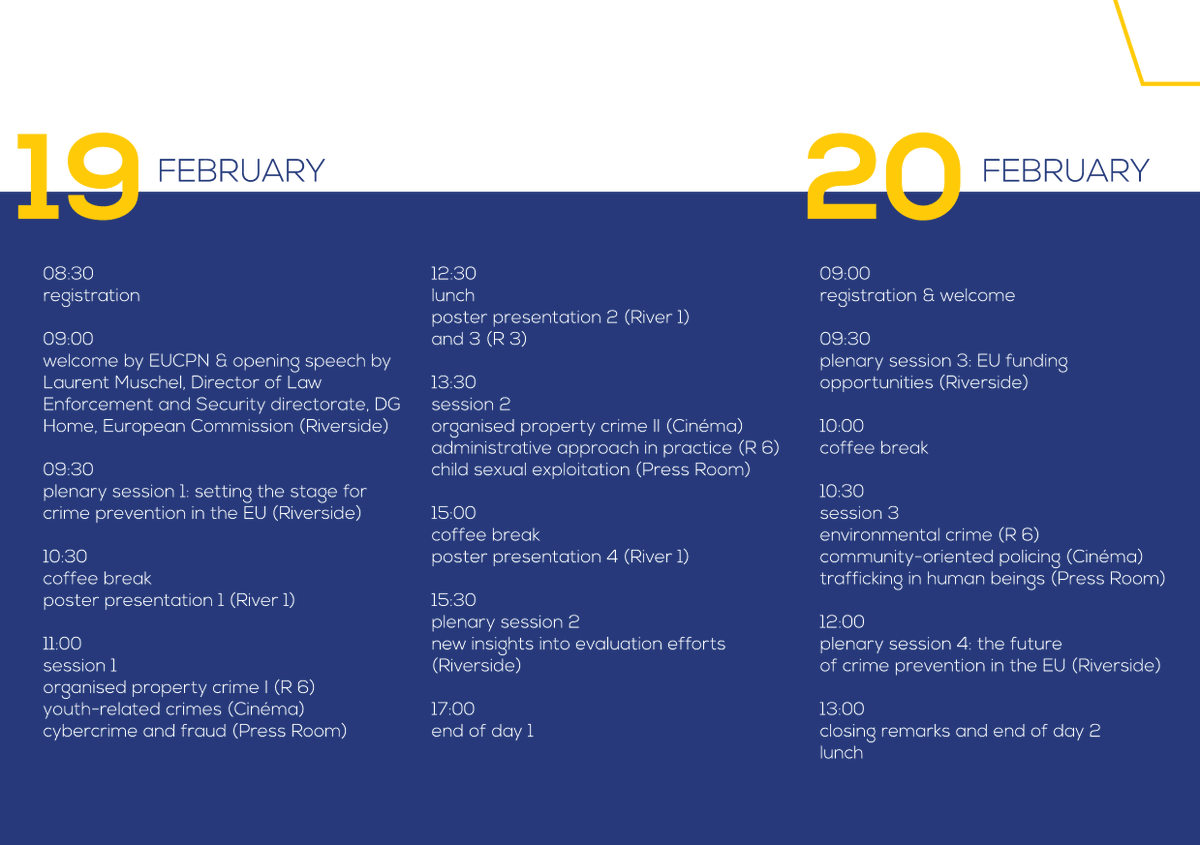 EUCPN's tweet photo. Discover several prevention initiatives at the European #crimeprevention conference: #protoneu, Estonian cyber defence field of study, Czech Senior Academy and @thbconfine.
More info about the initiatives and the conference #ECPC2020 ➡ https://t.co/cBAZNDwC8t
#EU #security https://t.co/oqUp9MqnlY