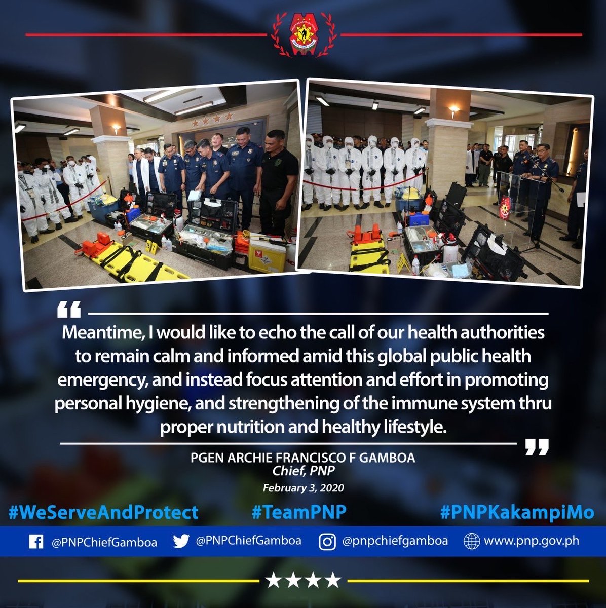 PNPChiefGamboa's tweet photo. Isa muling paalala para sa ating mga kababayan para maiwasan ang pagkahawa mula sa 2019-nCoV. #TeamPNP #WeServeAndProtect #PNPKakampiMo https://t.co/g1ExL9CZd0