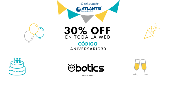 ebotics's tweet photo. 📣Estamos de fiesta 🥳🎉, el Grupo Atlantis cumple 30 años de aniversario y por esto te ofrecemos 30% de descuento en todos los productos de nuestra Web. ¡No dejes pasar esta oportunidad! 🏃♂️🏃♀️ CODIGO ANIVERSARIO30 #robotica #roboticaeducatica #Robotics https://t.co/IeiXyUXbn6