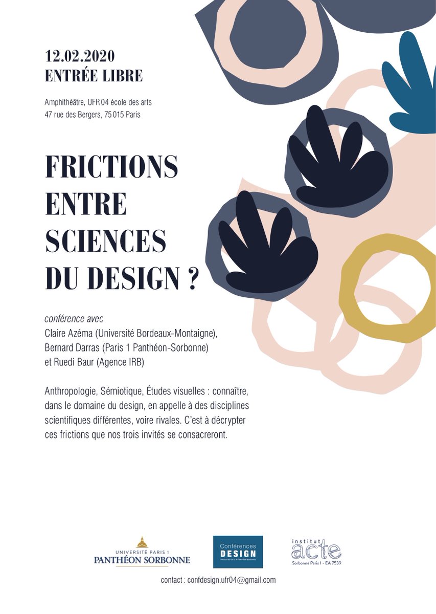 Nous vous accueillons demain pour la 3ème conférence du cycle !! Nos intervenants parleront du sujet "Frictions entre sciences du design ?". 🔍

⏰ Même heure, même endroit que d'habitude: 16h dans l'amphithéâtre du centre Saint-Charles ! 

En espérant vous voir nombreux ! 👋🏼
