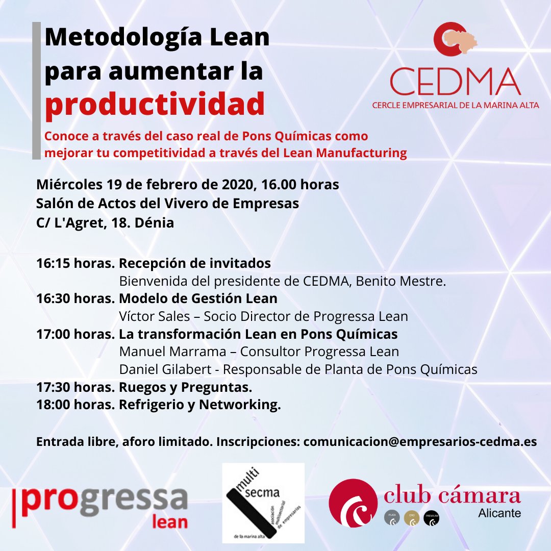 progressalean's tweet photo. 📌Os esperamos el próximo 19 de Febrero en Cercle Empresarial de la Marina Alta!!
Conoce cómo Pons Quimicas S.L.. ha mejorado su competitividad a través del Lean Manufacturing .
Ponentes:✔Benito mestre,✔Víctor Sales Martín✔Manuel Martín Marrama Canós,✔Daniel Gilabert Mayans https://t.co/GQxREU0Wdp