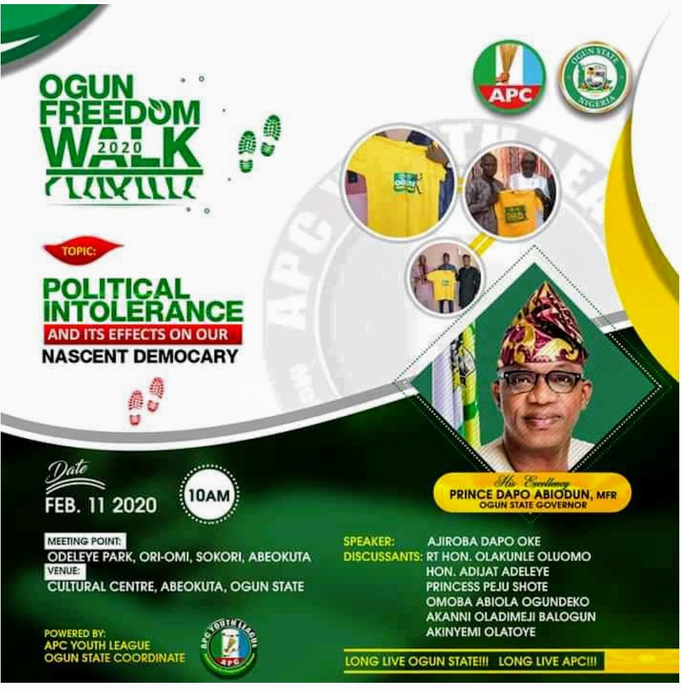 hon_page's tweet photo. Hon. Dr Ololade KEHINDE -  SSA on Health joined the Ogun Freedom Walk organized by APC Youth League, Ogun St. Coordinate in Abeokuta today.
Never doubt that a group of thoughtful, youth can change the world.Indeed, great things start small!@dabiodunMFR @linkOGUN @NoimotOyedele https://t.co/i6QwDhzdEx