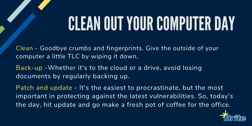 TheBriteTeam's tweet image. Have you been hitting “Remind me tomorrow” on your software updates for 243 days? Well, today is National Clean Out Your Computer Day, so take advantage of the day to do some quick housekeeping.  Our tips 👇

#CleanOutYourComputerDay