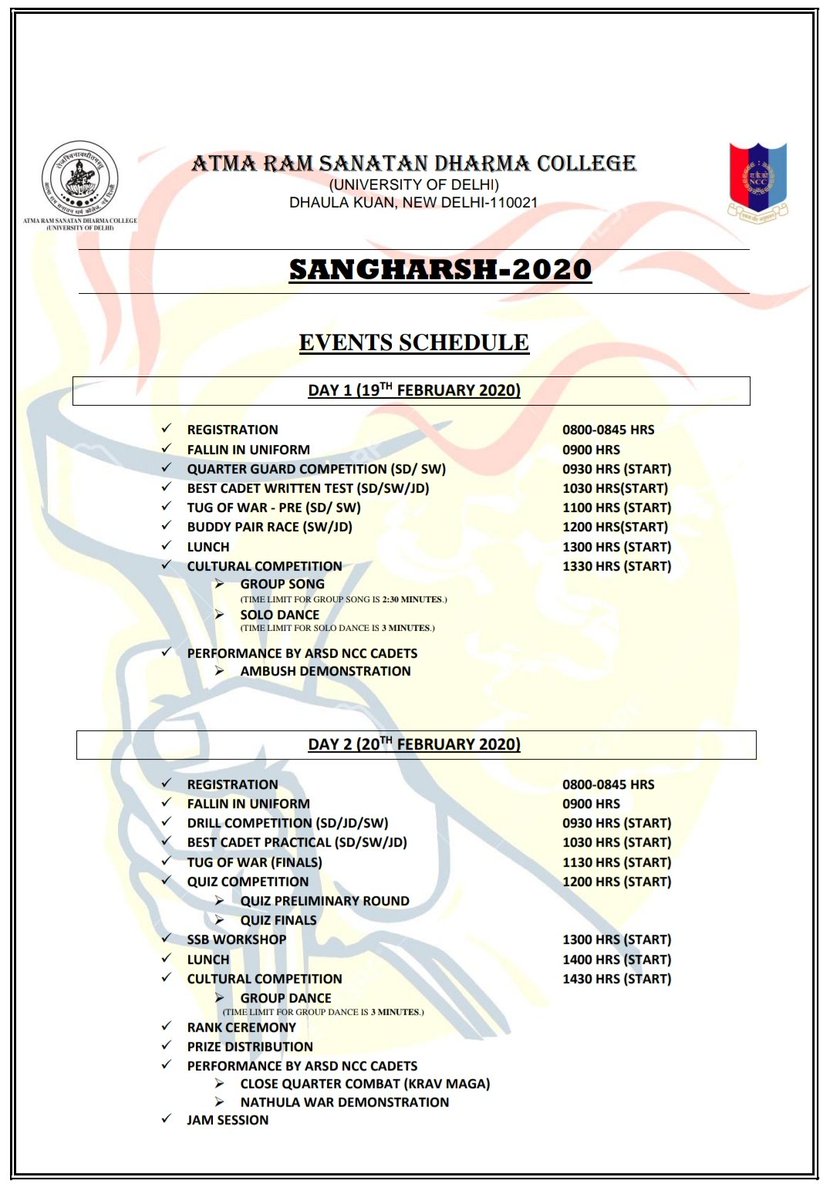 arsdncc7dbn's tweet photo. ARSD College will be celebrating the oneness of  NCC Cadets in unity with all of ur cadets justifying  its motto of  UNITY and DISCIPLINE  by organising the Annual NCC fest of ARSD NCC SANGHARSH-2020

Date: 19th &amp; 20th February 2020
Time: 0800Hrs

EVENT SCHEDULE :- https://t.co/cH4CIfs6Fu