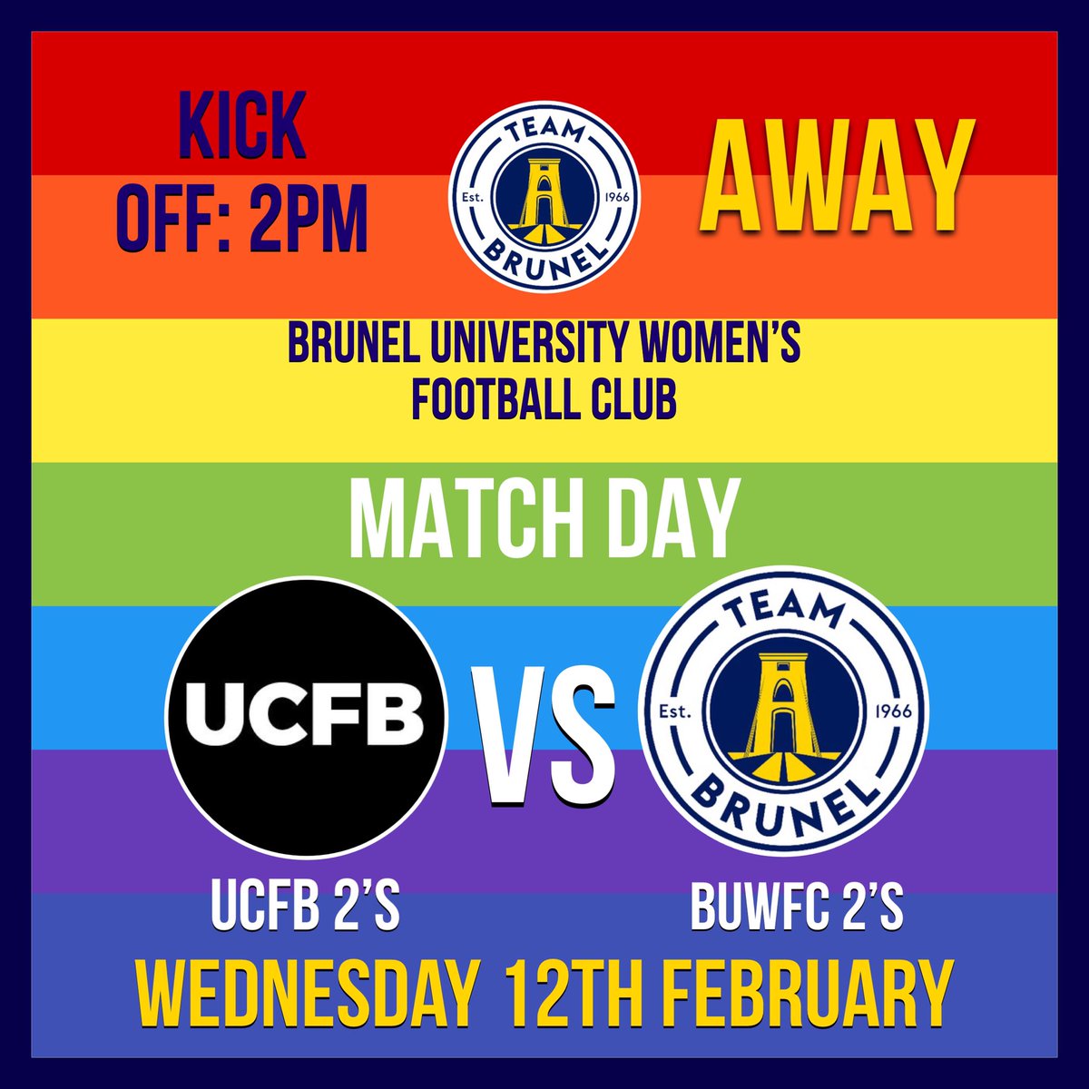 🏳️‍🌈 THIS WEEKS FIXTURES 🏳️‍🌈

BUWFC 1’s 🆚 BRIGHTON 1’s
UCFB 2’s 🆚 BUWFC 2’s

#InclusionWeek #LGBTWEEK
