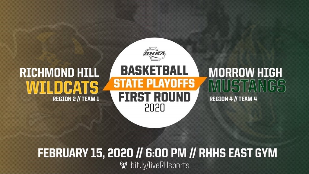 Wear white &amp; cheer on your RHHS Wildcats for the First Round of the Basketball State Playoffs on Saturday, February 15th at 6:00 p.m in the East Gym as they face the Morrow High Mustangs.  Let's pack the gym!  Gates open at 5:15 #mesrocks  #BTH #rhhsbasketball