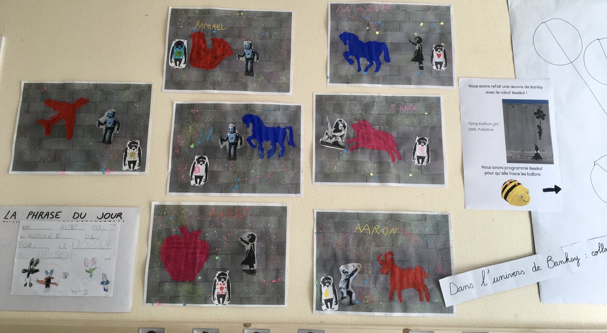 classeve's tweet photo. Nous avons fait des oeuvres comme #Banksy. Ce sont des pochoirs et des collages. 
Et au milieu, c'est la petite fille au ballon qui s'envole ; nous avons refait les ballons en programmant #Beebot et #Bluebot https://t.co/ayDUfpsBBE