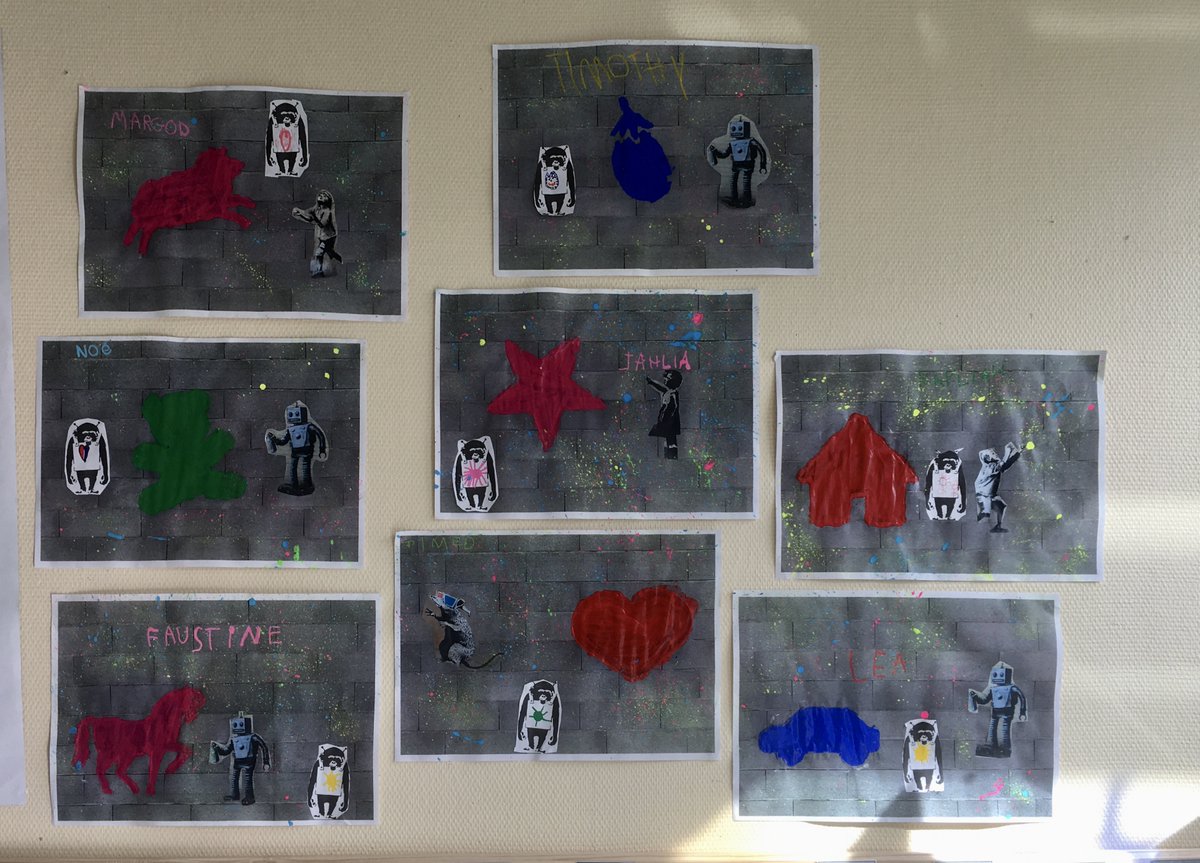 classeve's tweet photo. Nous avons fait des oeuvres comme #Banksy. Ce sont des pochoirs et des collages. 
Et au milieu, c'est la petite fille au ballon qui s'envole ; nous avons refait les ballons en programmant #Beebot et #Bluebot https://t.co/ayDUfpsBBE