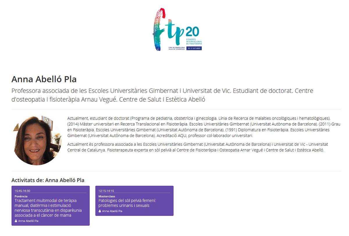 Gaudirem de la seva ponència "Tractament multimodal de teràpia manual, diatèrmia i estimulació nerviosa transcutània en disparèunia associada al càncer de mama" i podreu assistir a la màsterclass "Patologies del sòl pelvià femení: problemes urinaris i sexuals".