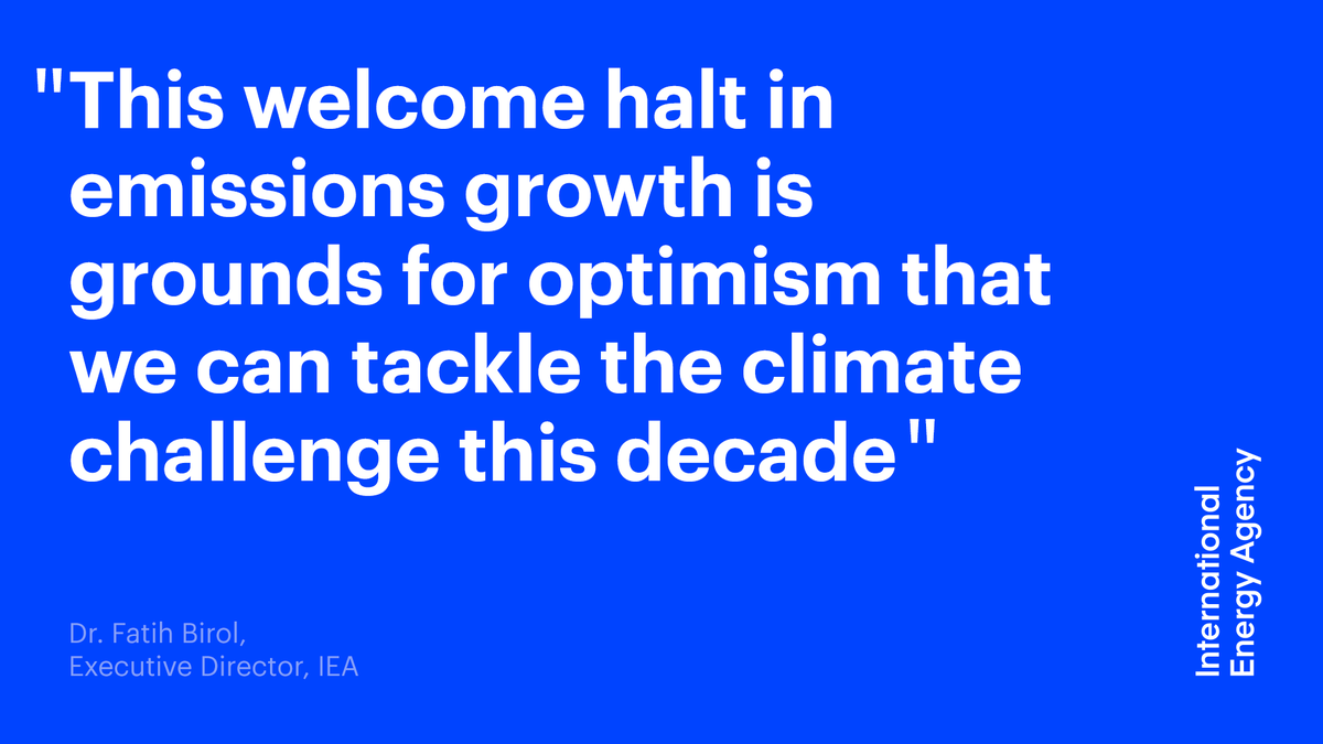 IEA's tweet photo. “This welcome halt in emissions growth is grounds for optimism that we can tackle the climate challenge this decade” 💬

Read more from @IEABirol following today's news that global energy-related carbon dioxide emissions stopped growing in 2019 ➡️ https://t.co/j1UdRr7wTQ https://t.co/kjDeHdYMsz