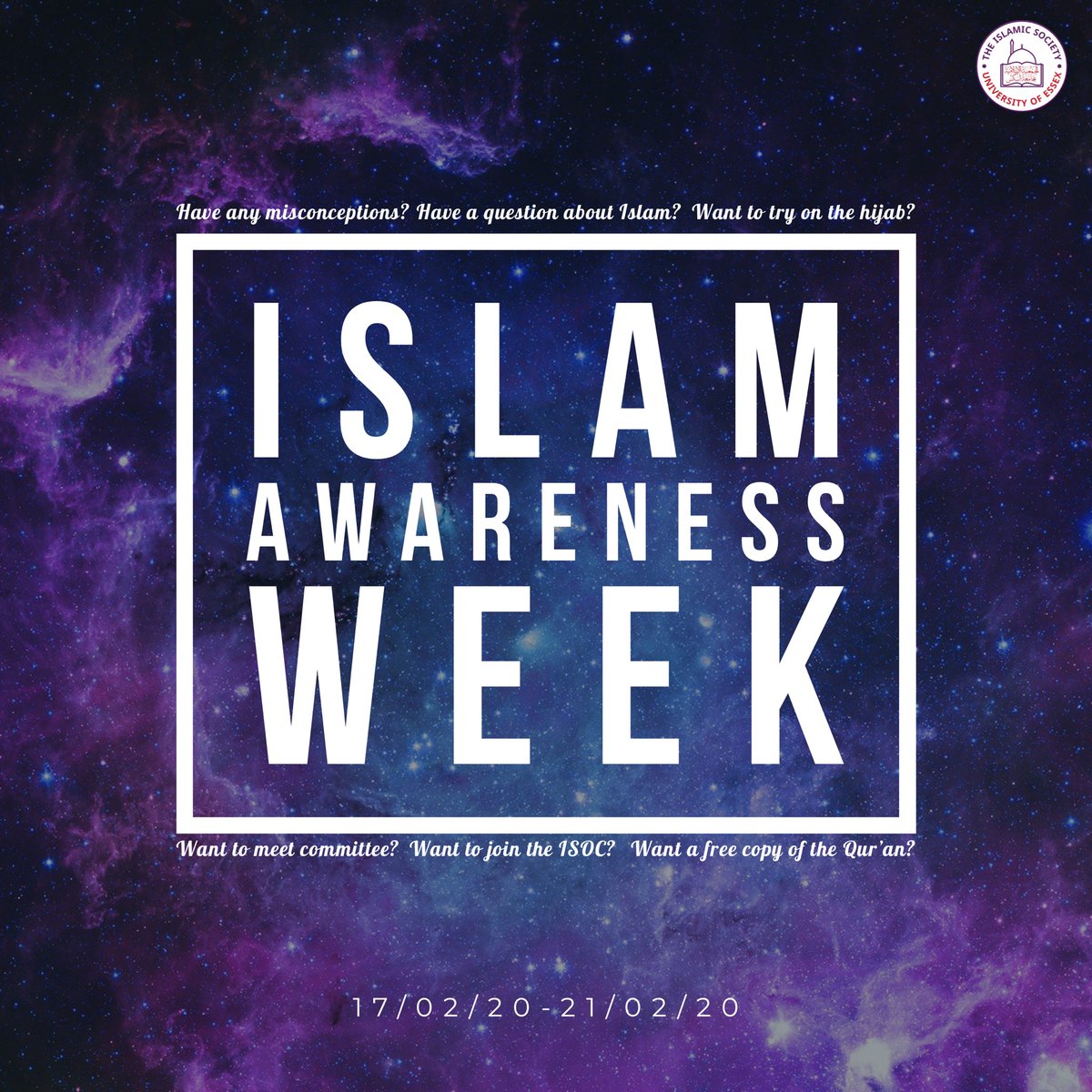 Asalamualaikum. Discover Islam Week is here! 
✨
A week dedicated to spreading awareness about Islam along with awesome events which you can’t miss!
✨
Keep up with our social media for more info 🙌🙌