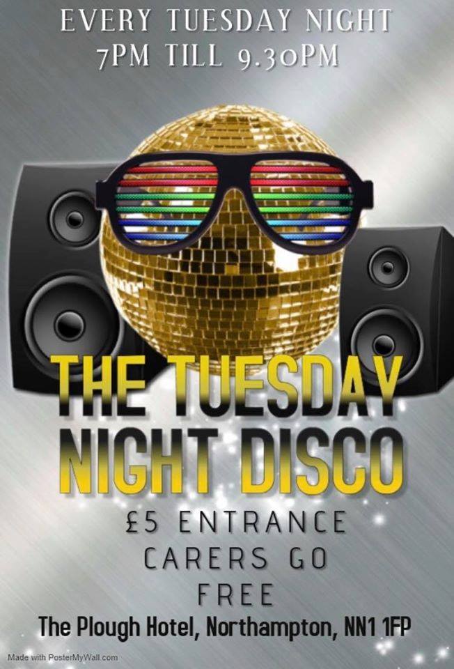 LONorthants (@lonorthants) on Twitter photo The Tuesday Night Disco is for adults with #learningdisabilities and #SEN (and their carers) at The Plough Hotel in #Northampton. Β£5 on the door, carers go free. Licensed bar and plenty of seating. Wheelchair-friendly. For more info, contact 07873 793050 / marthalands@icloud.com. The Tuesday Night Disco is for adults with #learningdisabilities and #SEN (and their carers) at The Plough Hotel in #Northampton. Β£5 on the door, carers go free. Licensed bar and plenty of seating. Wheelchair-friendly. For more info, contact 07873 793050 / marthalands@icloud.com.